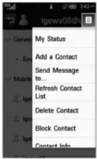 Igewv06@ Conver - Send Mobile Logo Logo Logo My Status Add a Contact Send Message to... Refresh Contact List Delete Contact Block Contact Contact Info