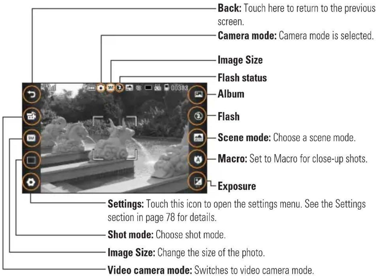 Back: Touch here to return to the previous screen. Camera mode: Camera mode is selected. Image Size Flash status Album Flash Scene mode: Choose a scene mode. Macro: Set to Macro for close-up shots. Exposure Settings: Touch this icon to open the settings menu. See the Settings section in page 78 for details. Shot mode: Choose shot mode. Image Size: Change the size of the photo. Video camera mode: Switches to video camera mode.