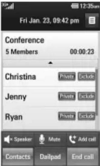 Fri Jan. 23, 09:42 pm Conference 5 Members 00:00:23 Christina Private Exclude Jenny Private Exclude Ryan Private Exclude Speaker Mate Add call Contacts Dailpad End call