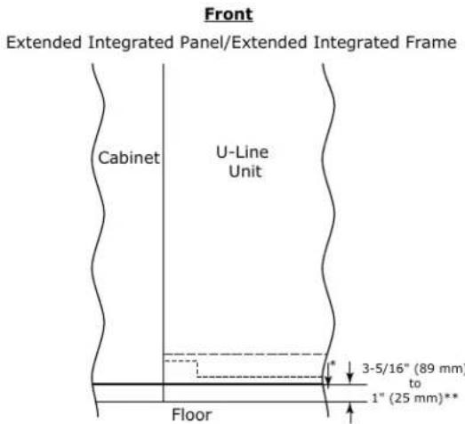 Front Extended Integrated Panel/Extended Integrated Frame Cabinet U-Line Unit Floor 3-5/16" (89 mm) to 1" (25 mm)**