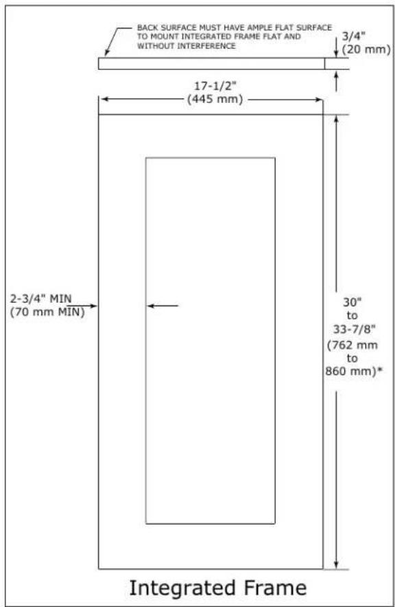 BACK SURFACE MUST HAVE AMPLE FLAT SURFACE TO MOUNT INTEGRATED FRAME FLAT AND WITHOUT INTERFERENCE 3/4" (20 mm) 17-1/2" (445 mm) 2-3/4" MIN (70 mm MIN) 30" to 33-7/8" (762 mm to 860 mm)* Integrated Frame