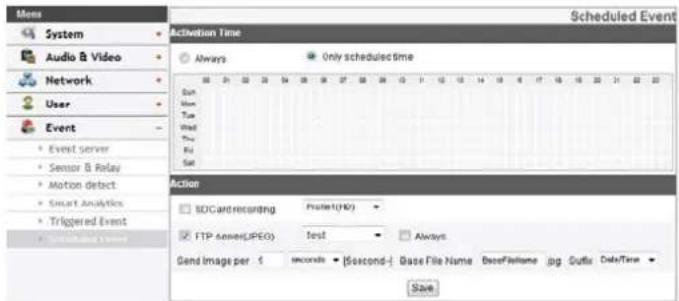 Mens System Audio & Video Network User Event Event server Sensor & Relay Motion detect Smart Analytics Triggered Event Scheduled Event Scheduled Event Activation Time Always Only scheduled time Sun Hue Tue Wed Thu Fri Sat Action SDCardrecording Fruet(100) FTP server(JPEG) Text Always Send Image per 5 seconds [Second-] Base File Name BaseFilename.jpg Gdfix Data/Time Save