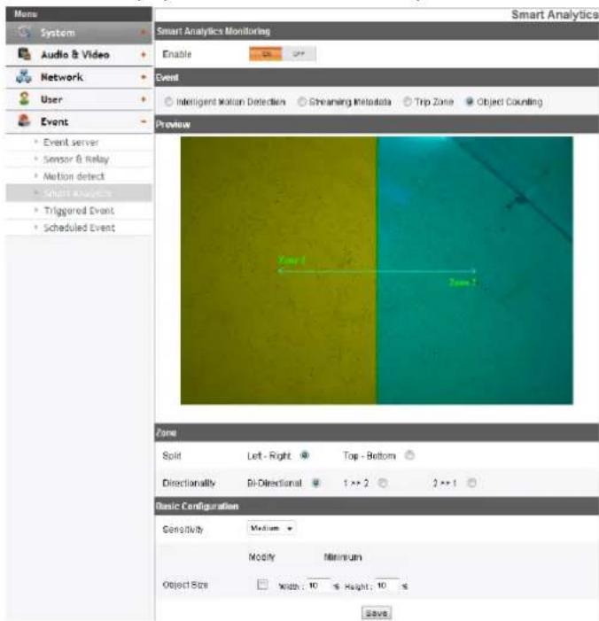 Smart Analytics System Audio & Video Network User Event Event server Sensor & Relay Motion detect Smart Analytics Triggered Event Scheduled Event Smart Analytics Monitoring Enable Event Intelligent Motion Detection Streaming Metadata Trip Zone Object Counting Preview Zone Split Left - Right Top - Bottom Directionality Bi-Directional 1 >> 2 2 >> 1 Basic Configuration Sensitivity Medium Modify Minimum Object Size Width: 10 s Height: 10 s Save