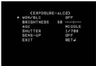 • VDR/BLC OFF BRIGHTNESS 50 ....../... AGC MIDDLE SHUTTER 1/700 SENS-UP OFF EXIT RET↓