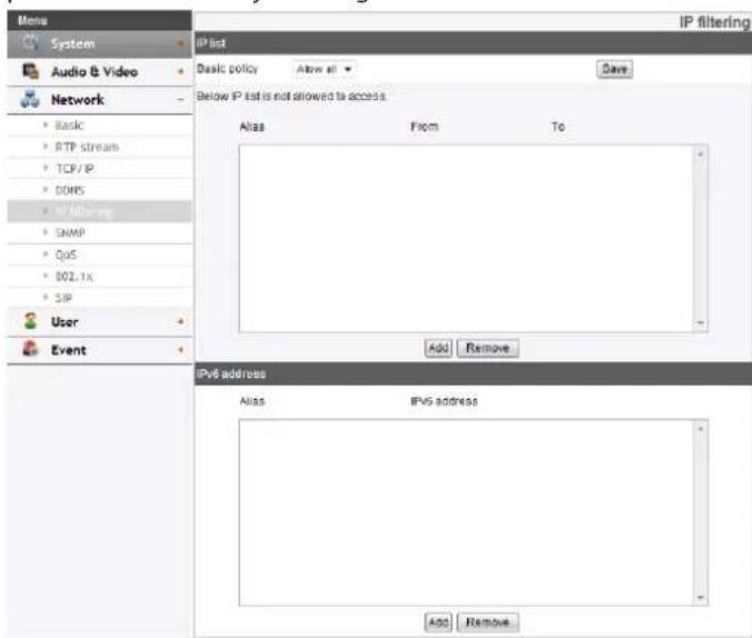 Menu System Audio & Video Network Basic policy Allow all Dave Below IP list is not allowed to access. Alias From To Add Remove IPv6 address Alias IPv5 address Add Remove