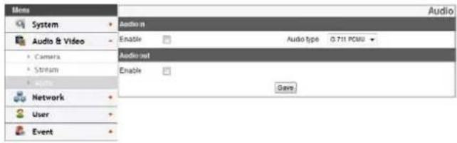 Mena System Audio & Video Camera Stream Network User Event Audio in Enable Audio type 0.711 PCMU Audio out Enable Save