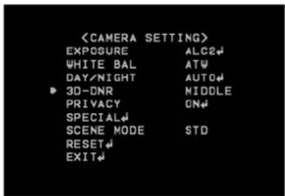 EXPOSURE ALC2↓ WHITE BAL ATW DAY/NIGHT AUTO↓ 3D-DNR MIDDLE PRIVACY ON↓ SPECIAL↓ SCENE MODE STD RESET↓ EXIT↓