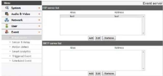 Menu System Audio & Video Network User Event FIP server list Alias Address last last Add Edit Remove SMTP server list Alias Address Add Edit Remove