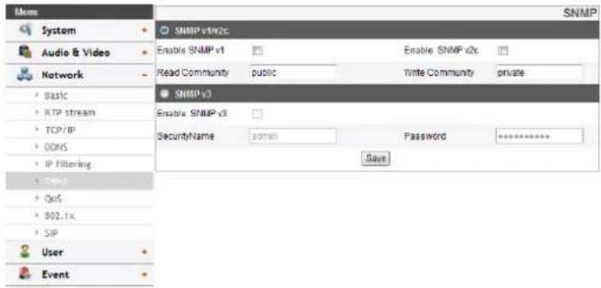 SNMP v1/2c Enable SNMP v1 Enable SNMP v2c Read Community public Write Community private SNMP v3 Enable SNMP v3 SecurityName s00mm Password ****** Save System Audio & Video Network Basic RTP stream TCP/IP ODNS IP Filtering One3 QuS 802.1x SIP User Event