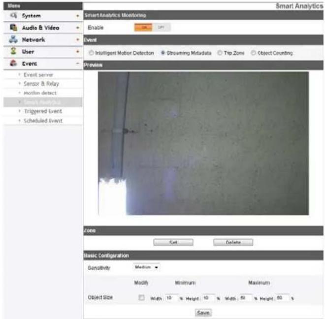 Smart Analytics System Audio & Video Network User Events Event server Sensor & Relay Motion detect Smart Analytics Triggered Event Scheduled Event Smart Analytics Monitoring Enable Event Intelligent Motion Detection Streaming Metadata Tip Zone Object Counting Preview Zone Set Delete Basic Configuration Sensitivity Medium Modify Minimum Maximum Object Size Width 10 % Height 10 % Width 50 % Height 50 $ Save