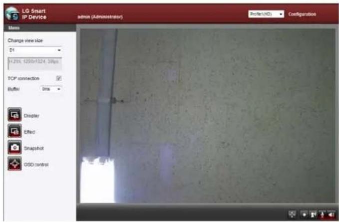LG Smart IP Device admin (Administrator) Profile (HD) Configuration Change view size D1 +2.0x, 1250x+524, 38fps TCP connection Buffer: 0ms Display Effect Snapshot OSD control