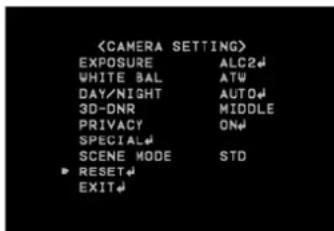 EXPOSURE ALC2# WHITE BAL ATW DAY/NIGHT AUTO# 3D-DNR MIDDLE PRIVACY ON# SPECIAL# SCENE MODE STD RESET# EXIT#