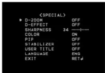 ► D-200M OFF D-EFFECT OFF SHARPNESS 34 ............. COLOR ON PIP OFF STABILIZER OFF USER TITLE OFF LANGUAGE ENG EXIT RET↓