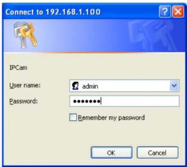 Connect to 192.168.1.100 IPCam User name: admin Password: ******** Remember my password OK Cancel
