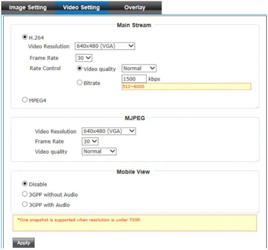 Main Stream H.264 Video Resolution 640x480 (VGA) Frame Rate 30 Rate Control ● Video quality Normal ○ Bitrate 1500 kbps 512~6000 ○ MPEG4 MJPEG Video Resolution 640x480 (VGA) Frame Rate 30 Video quality Normal Mobile View ● Disable ○ 3GPP without Audio ○ 3GPP with Audio *One snapshot is supported when resolution is under 720P. Apply