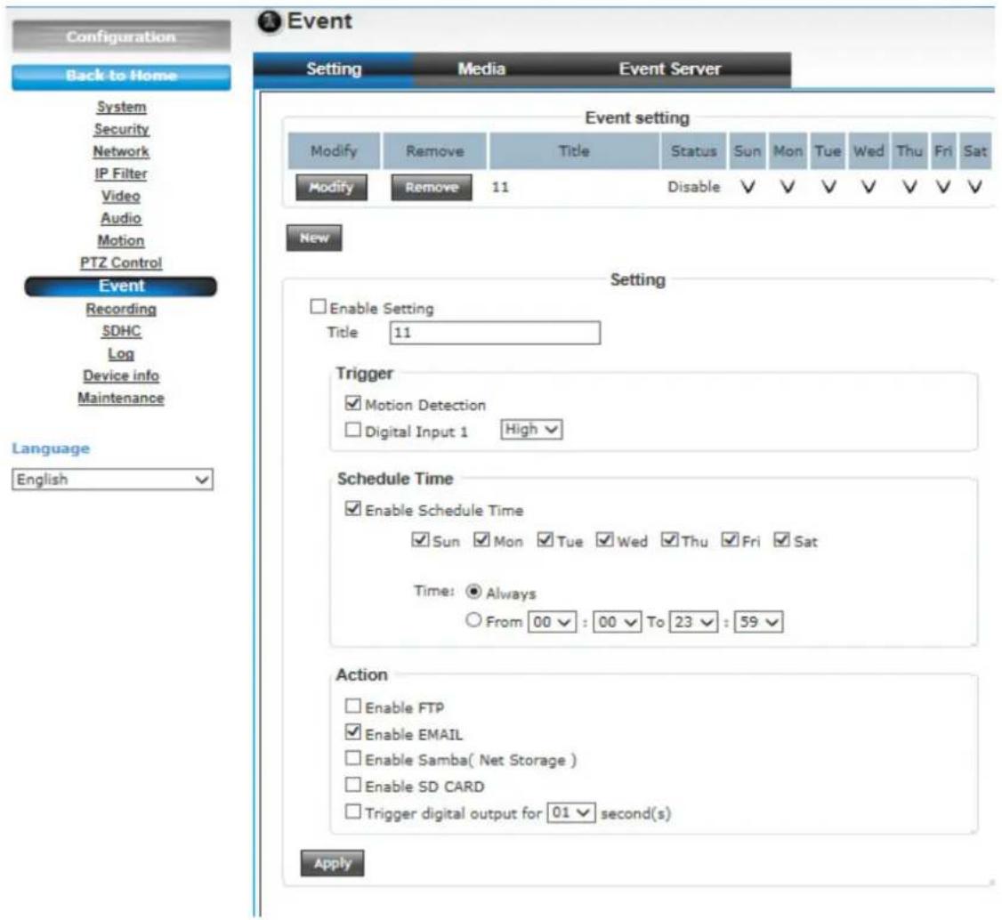 Configuration Back to Home System Security Network IP Filter Video Audio Motion PTZ Control Event Recording SDHC Log Device info Maintenance Language English Event setting Modify Remove Title Status Sun Mon Tue Wed Thu Fri Sat Modify Remove 11 Disable ✓ ✓ ✓ ✓ ✓ ✓ ✓ ✓ New Setting Enable Setting Title 11 Trigger Motion Detection Digital Input 1 High Schedule Time Enable Schedule Time Sun Mon Tue Wed Thu Fri Sat Time: Always From 00 : 00 To 23 : 59 Action Enable FTP Enable EMAIL Enable Samba( Net Storage ) Enable SD CARD Trigger digital output for 01 second(s) Apply