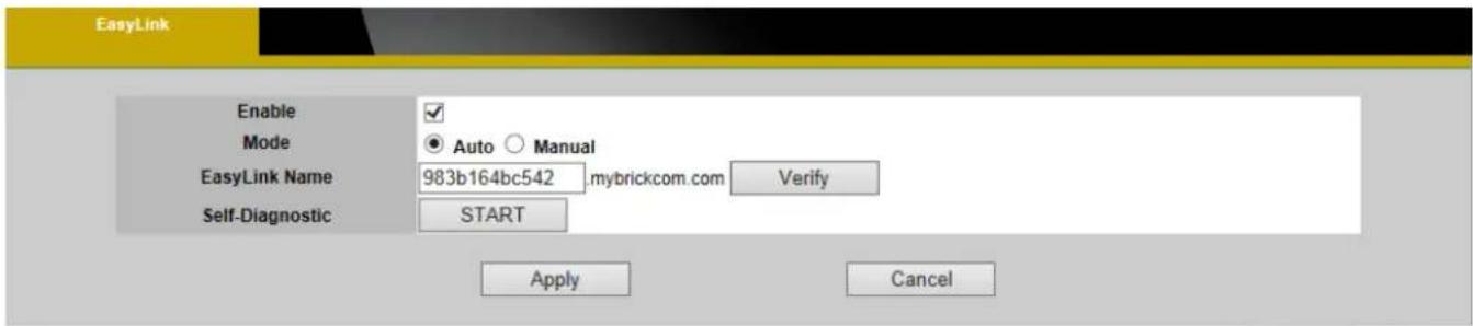 EasyLink Enable ✓ Mode ● Auto ○ Manual EasyLink Name 983b164bc542 .mybrickcom.com Verify Self-Diagnostic START Apply Cancel