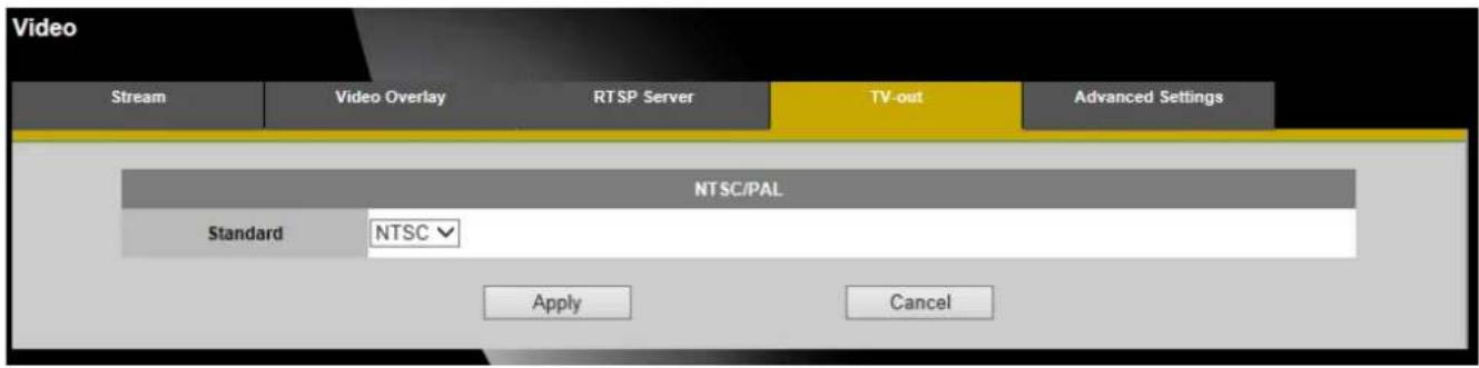 Video Stream Video Overlay RT SP Server TV-out Advanced Settings NTSC/PAL Standard NTSC Apply Cancel