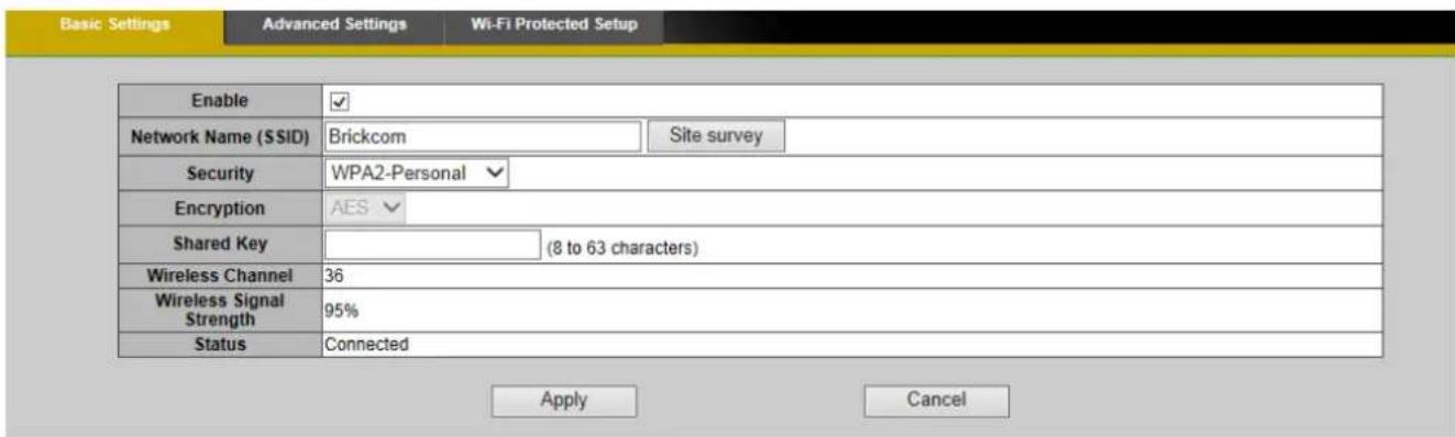 Basic Settings Advanced Settings Wi-Fi Protected Setup Enable ✓ Network Name (SSID) Brickcom Site survey Security WPA2-Personal ✓ Encryption AES ✓ Shared Key (8 to 63 characters) Wireless Channel 36 Wireless Signal Strength 95% Status Connected Apply Cancel