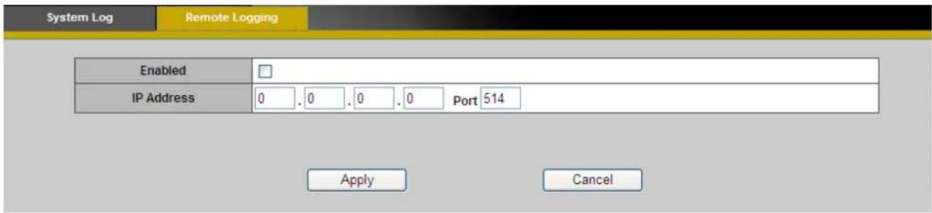 System Log Remote Logging Enabled IP Address 0 . 0 . 0 . 0 Port 514 Apply Cancel