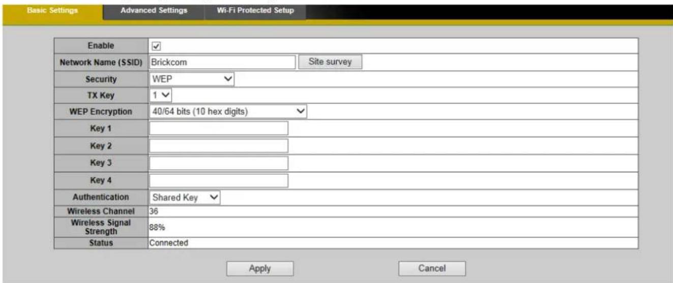 Basic Settings Advanced Settings Wi-Fi Protected Setup Enable ✓ Network Name (SSID) Brickcom Site survey Security WEP ✓ TX Key 1 ✓ WEP Encryption 40/64 bits (10 hex digits) ✓ Key 1 Key 2 Key 3 Key 4 Authentication Shared Key ✓ Wireless Channel 36 Wireless Signal Strength 88% Status Connected Apply C…