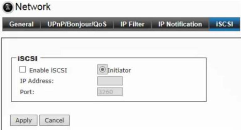 Network General UPnP/Bonjour/QoS IP Filter IP Notification iSCSI iSCSI Enable iSCSI Initiator IP Address: Port: 3260 Apply Cancel
