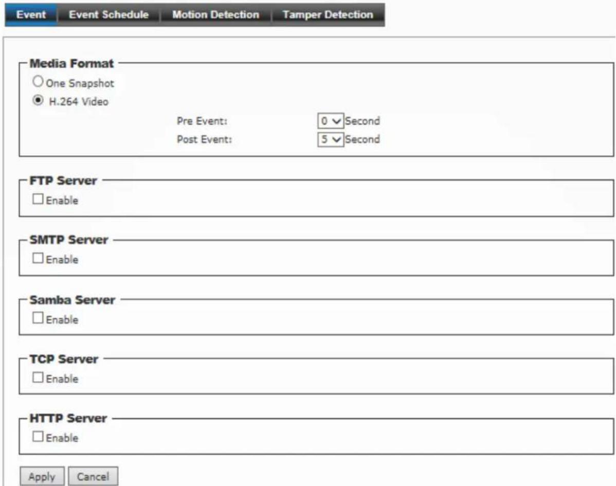 Event Event Schedule Motion Detection Tamper Detection Media Format ○ One Snapshot ● H.264 Video Pre Event: 0 √ Second Post Event: 5 √ Second FTP Server □ Enable SMTP Server □ Enable Samba Server □ Enable TCP Server □ Enable HTTP Server □ Enable Apply Cancel