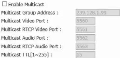 Enable Multicast Multicast Group Address : 239.128.1.99 Multicast Video Port : 5560 Multicast RTCP Video Port : 5561 Multicast Audio Port : 5562 Multicast RTCP Audio Port : 5563 Multicast TTL[1~255] : 15