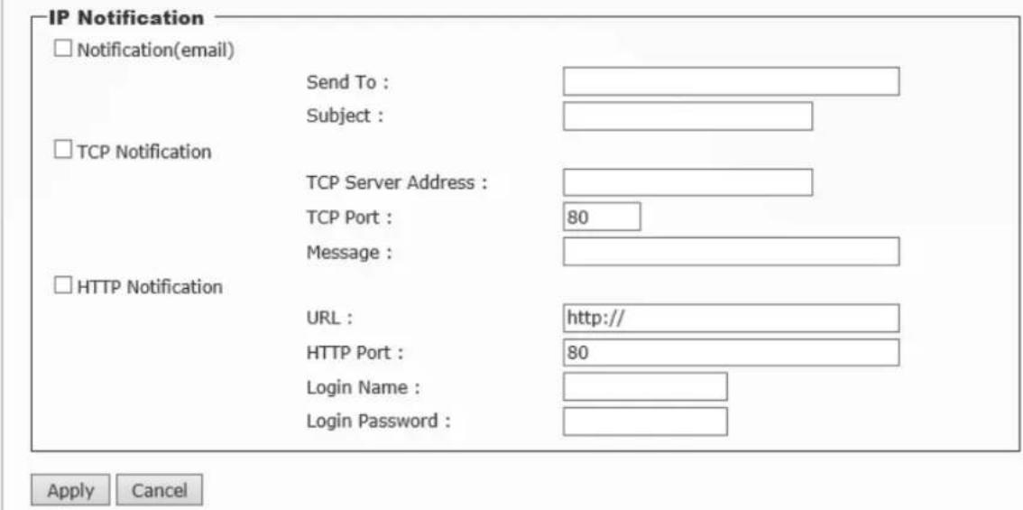 IP Notification □ Notification(email) Send To : Subject : TCP Notification TCP Server Address : TCP Port : 80 Message : HTTP Notification URL : http:// HTTP Port : 80 Login Name : Login Password : Apply Cancel