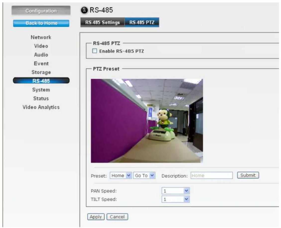 Configuration Back to Home Network Video Audio Event Storage RS-485 System Status Video Analytics RS-485 Settings RS-485 PTZ RS-485 PTZ Enable RS-485 PTZ PTZ Preset Preset: Home Go To Description: Home Submit PAN Speed: 1 TILT Speed: 1 Apply Cancel