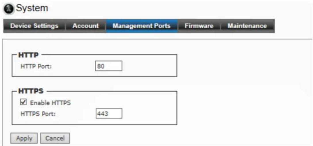 System Device Settings Account Management Ports Firmware Maintenance HTTP HTTP Port: 80 HTTPS ✓ Enable HTTPS HTTPS Port: 443 Apply Cancel