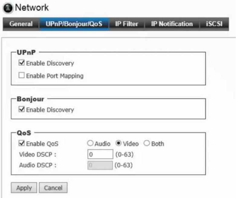 Network General UPnP/Bonjour/QoS IP Filter IP Notification iSCSI UPnP ✓ Enable Discovery □ Enable Port Mapping Bonjour ✓ Enable Discovery QoS ✓ Enable QoS ○ Audio ● Video ○ Both Video DSCP : 0 (0-63) Audio DSCP : 0 (0-63) Apply Cancel