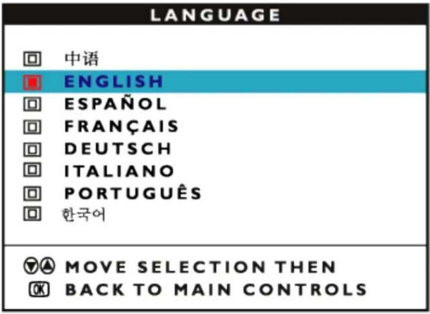 LANGUAGE □ 中语 □ ENGLISH □ ESPAÑOL □ FRANÇAIS □ DEUTSCH □ ITALIANO □ PORTUGUÊS □ 한국어 ▼▲ MOVE SELECTION THEN OK BACK TO MAIN CONTROLS