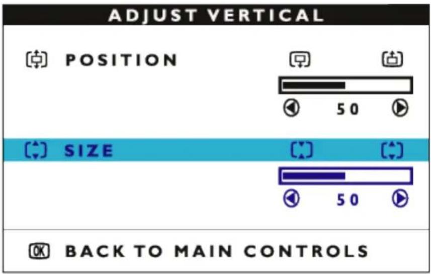 ADJUST VERTICAL POSITION 50 SIZE 50 BACK TO MAIN CONTROLS