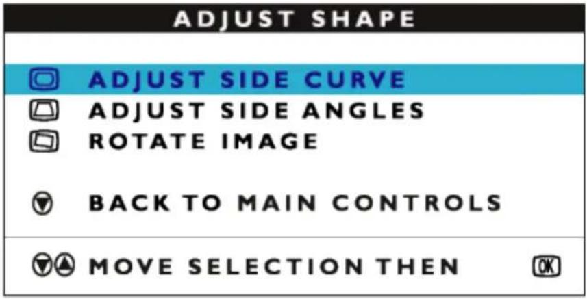 ADJUST SHAPE ADJUST SIDE CURVE ADJUST SIDE ANGLES ROTATE IMAGE BACK TO MAIN CONTROLS MOVE SELECTION THEN OK