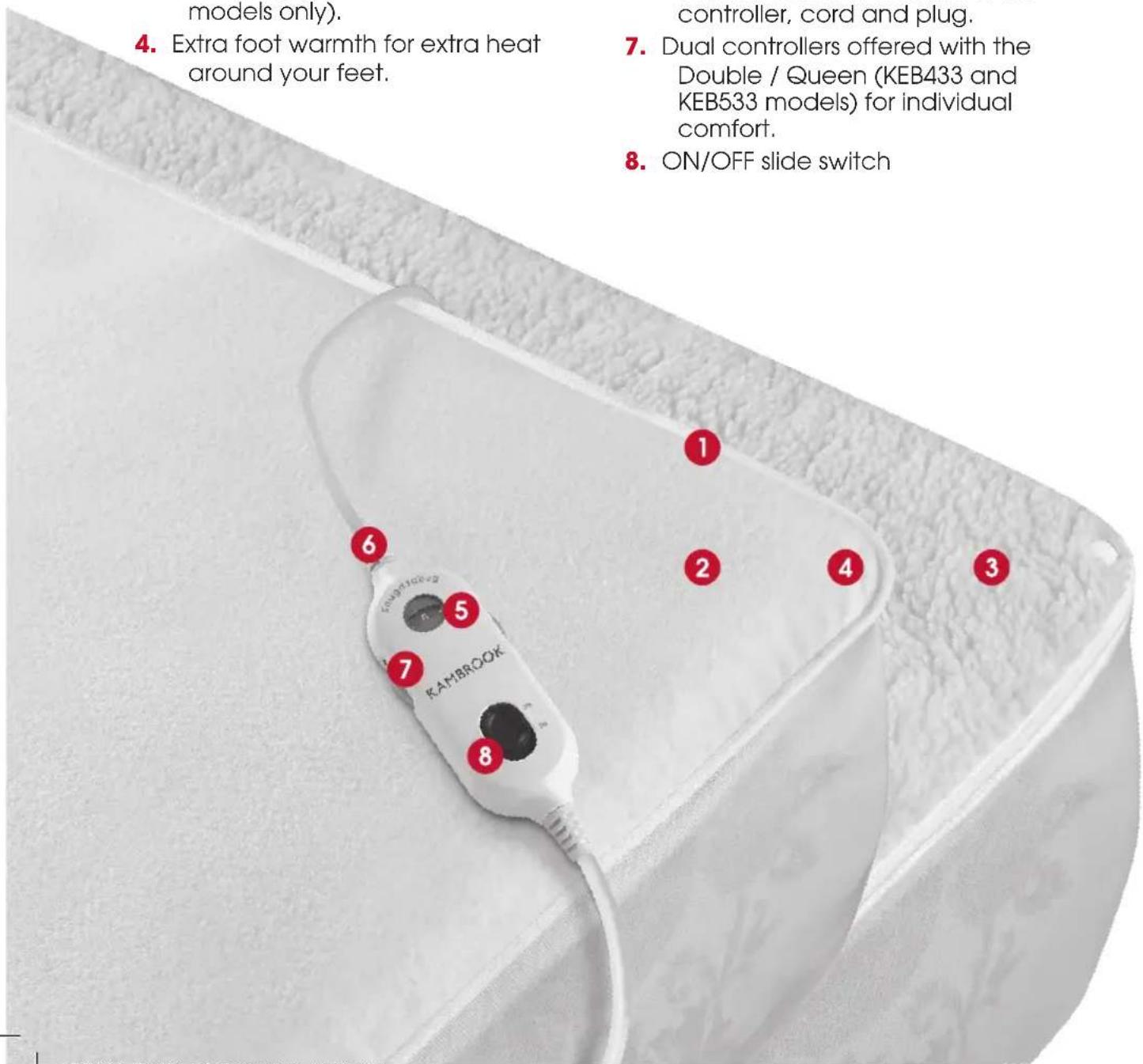 4. Extra foot warmth for extra heat around your feet. 5. KAMBROCK 6. controller, cord and plug. 7. Dual controllers offered with the Double / Queen (KEB433 and KEB533 models) for individual comfort. 8. ON/OFF slide switch