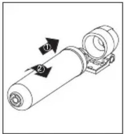 Diagram of a mechanical device with numbered arrows indicating motion or assembly steps