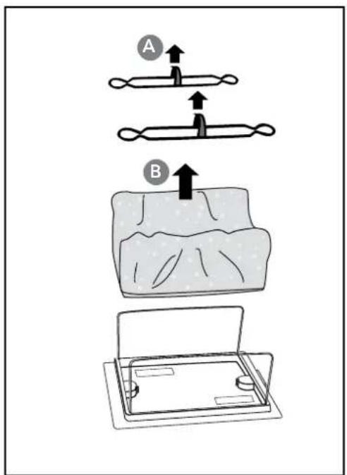 Diagram illustrating a mechanical assembly process with labeled parts A and B, showing step-by-step assembly steps.