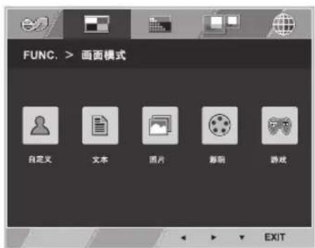 FUNC. > 画面模式 自定义 文本 图片 影影 游戏 EXIT