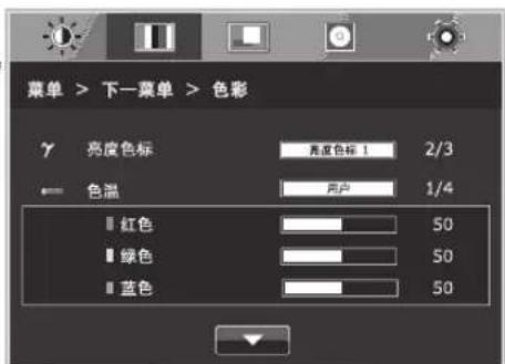 菜单 > 下一菜单 > 色彩 亮度色标 亮度色标 1 2/3 色温 用户 1/4 红色 50 绿色 50 蓝色 50