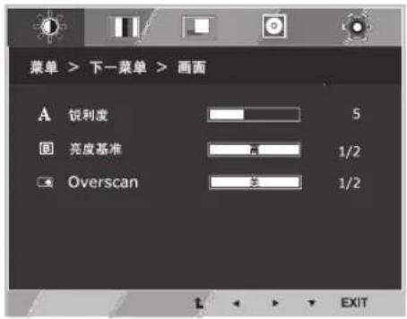 菜单 > 下一菜单 > 画面 A 锐亮度 B 亮度基准 C Overscan 5 1/2 1/2 EXIT