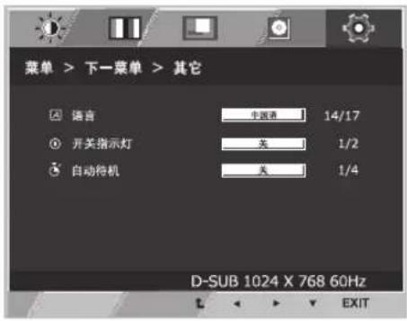 菜单 > 下一菜单 > 其它 语言 牛国清 14/17 开关指示灯 关 1/2 自动待机 关 1/4 D-SUB 1024 X 768 60Hz EXIT