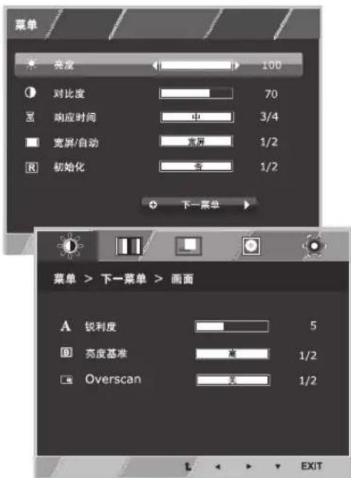 菜单 亮度 100 对比度 70 响应时间 中 3/4 宽屏/自动 宽屏 1/2 初始化 奇 1/2 下一菜单 菜单 > 下一菜单 > 画面 A 锐利度 5 亮度基准 高 1/2 Overscan 关 1/2 EXIT