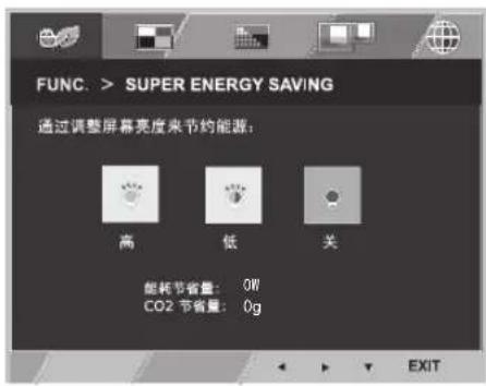 FUNC. > SUPER ENERGY SAVING 通过调整屏幕亮度来节约能源: 高 低 关 能耗节省量: 0W CO2 节省量: 0g EXIT