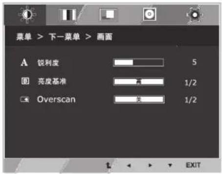 菜单 > 下一菜单 > 画面 A 锐利度 5 B 亮度基准 1/2 C Overscan 关 1/2 EXIT