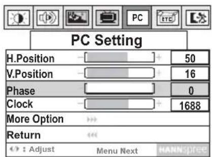 PC Setting H.Position 50 V.Position 16 Phase 0 Clock 1688 More Option Return : Adjust Menu Next HANNIFEE