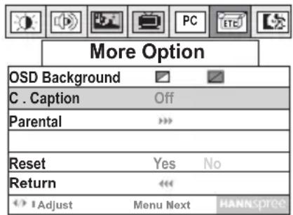 More Option OSD Background C . Caption Off Parental Reset Yes No Return Adjust Menu Next HANNSPRED