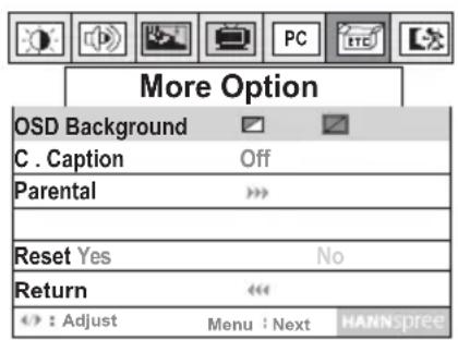 More Option OSD Background C . Caption Off Parental Reset Yes No Return : Adjust Menu : Next HANNspree