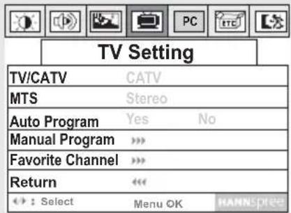 TV Setting TV/CATV CATV MTS Stereo Auto Program Yes No Manual Program > Favorite Channel > Return > : Select Menu OK HANNSPIES