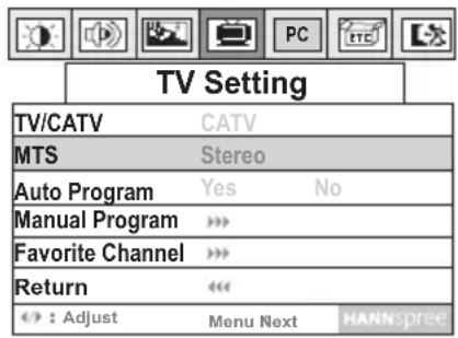 TV Setting TV/CATV CATV MTS Stereo Auto Program Yes No Manual Program > Favorite Channel > Return «« : Adjust Menu Next HANNspree